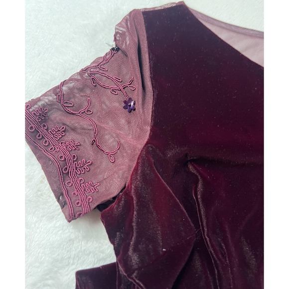 Maggy London Dress Womens 6 Burgundy Velvet Mesh Embroidered Evening Gown Maxi - Picture 11 of 14